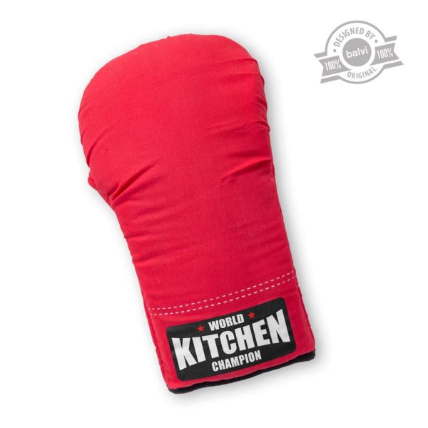 Кухненска ръкавица с дизайн на червена боксова ръкавица и надпис World Kitchen Champion.