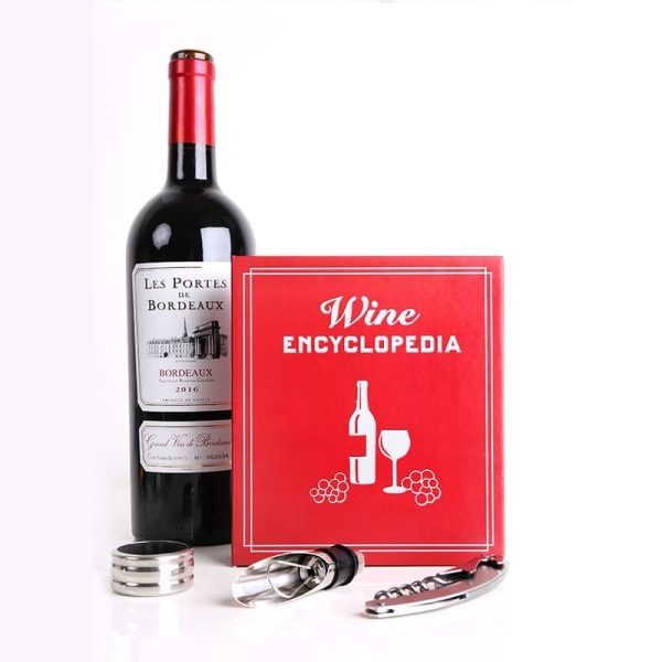 Комплект за вино с тирбушон, фуния за наливане и капкоотцедител за бутилка в кутия като книга със заглавие Wine Encyclopedia.