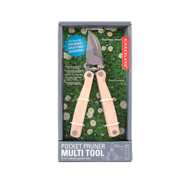 Джобна сгъваема градинска ножица с набор от допълнителни инструменти.