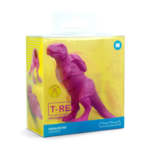 Розов текстмаркер във формата на T-Rex динозавър.