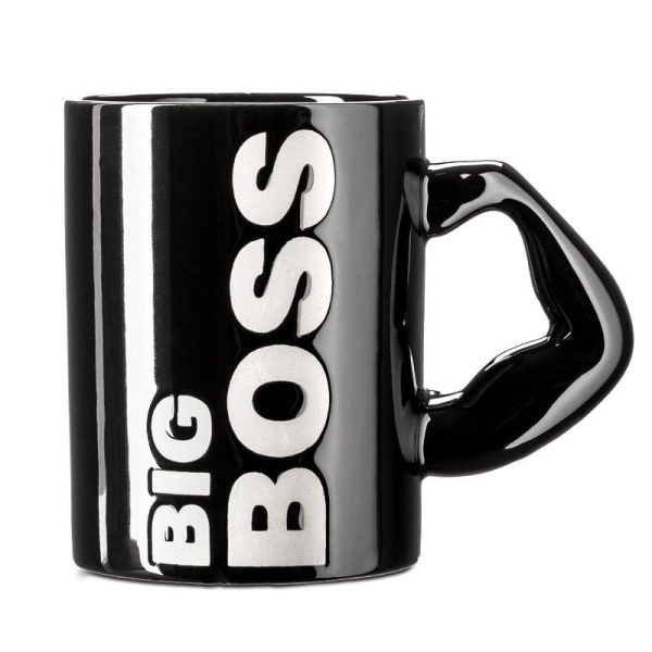Голяма черна керамична чаша с надпис BIG BOSS и дръжка- бицепс.