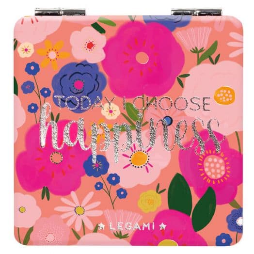 Розово джобно огледало с дизайн на цветя и бляскав надпис Happiness.