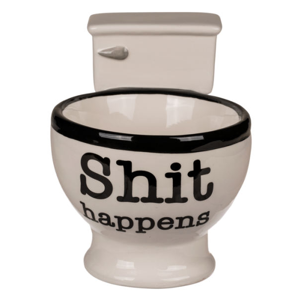 Чаша за кафе във формата на тоалетна чиния с надпис Shit happens.