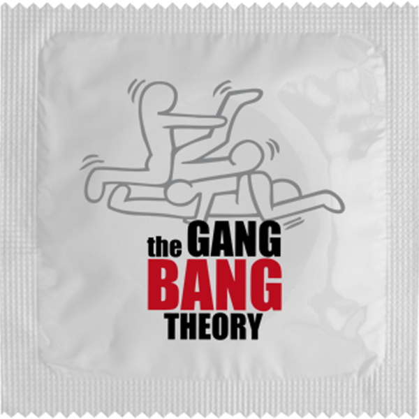 Презерватив шега със сериала Теория за големия взрив с надпис: The gang bang theory