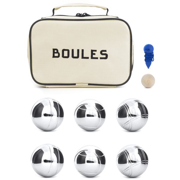 Комплект за игра на петанк с шест големи топки в чанта за носене.