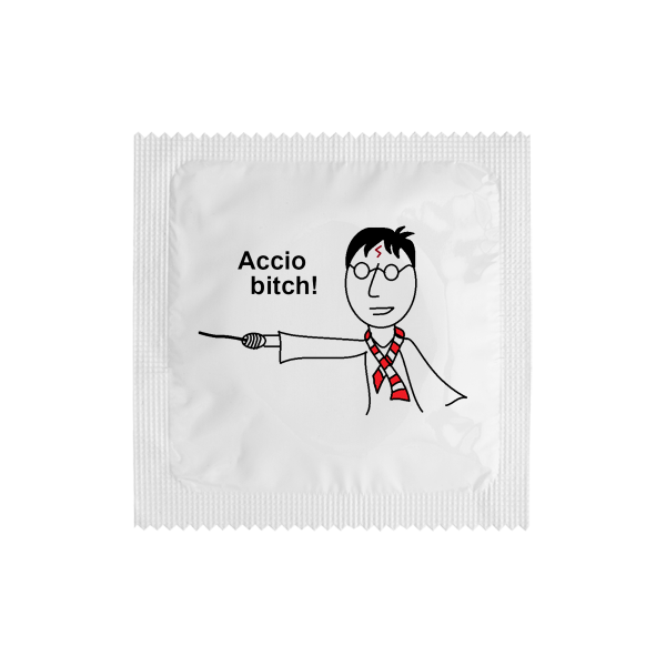 Презерватив с илюстрация на Хари Потър и надпис Accio Bitch