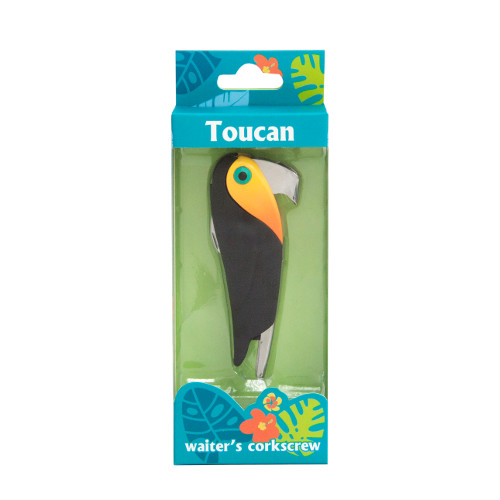 Тирбушон във формата на тукан с функционален и забавен дизайн.