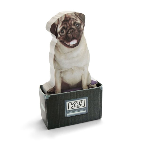 Самозалепващи се листчета със силует на сладко куче пъг, търпеливо чакащо в кутийка с надпис Dog In A Box.