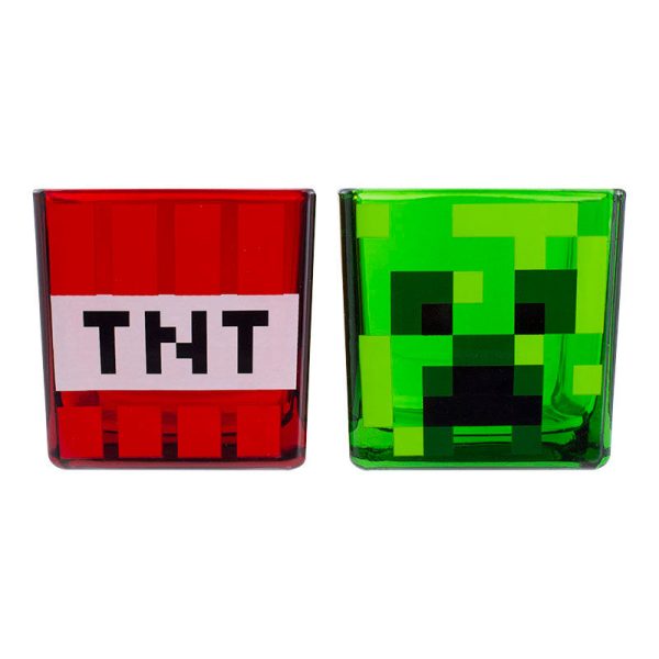 2 броя стъклени чаши Minecraft Creeper с квадратен дизайн на TNT куб и Creeper глава.