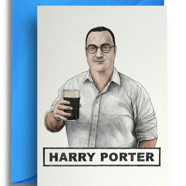 Картичка с плик Harry Porter шега с името на Хари Потър и английската дума за носач.