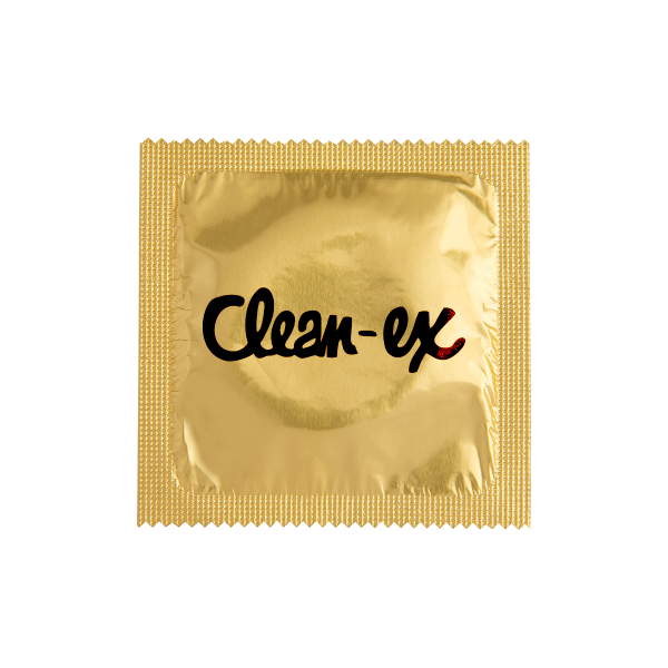 Презерватив Clean-ex шега с марката кърпички.