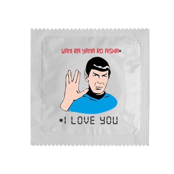 Презерватив Spoke с надпис I love you на вулкански и английски.