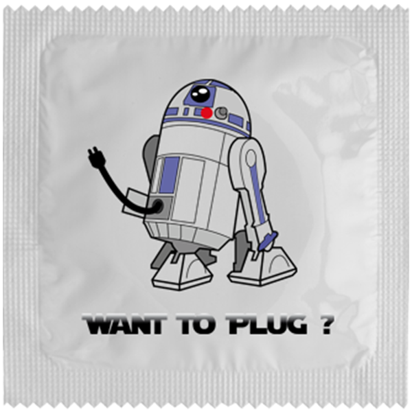 Презерватив с R2D2 от Star Wars и надпис Want to plug?