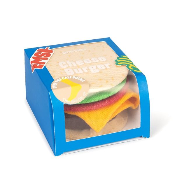 Чорапи в опаковка на чийз бургер с весел дизайн.