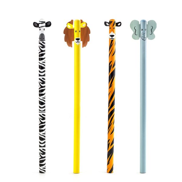 Комплект от 4 моливи с дизайн и глава на зебра, лъв, тигър или слон в горната част.