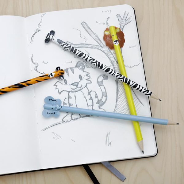 Комплект от 4 молива с дизайн и глава на зебра, лъв, тигър или слон в горната част.